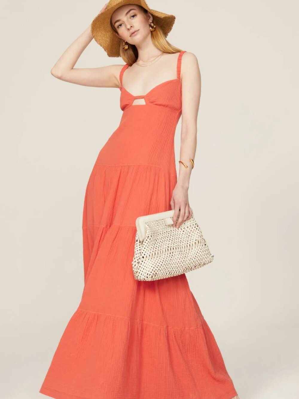Jonathan SIMKHAI Mirabelle Cotton Gauze Maxi Dress Chili Orange Flowy Sundress S